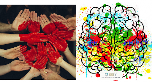 A vibrant holiday-themed collage of paint-splattered hands and a brain, representing artistic expression and creativity.