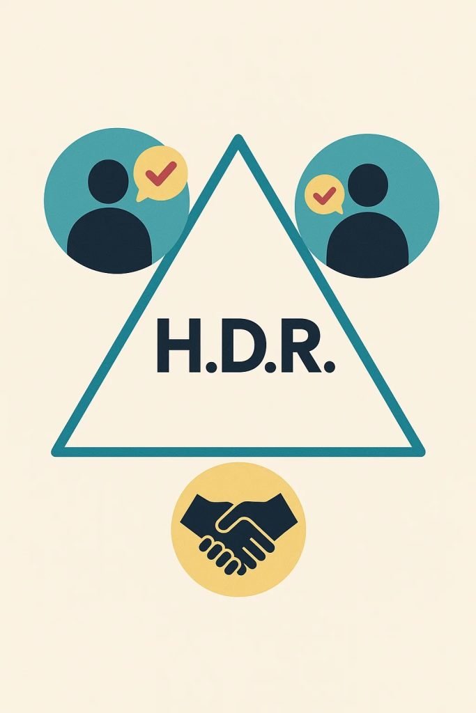 HDR logo displayed with two people shaking hands, symbolizing collaboration and conversation.