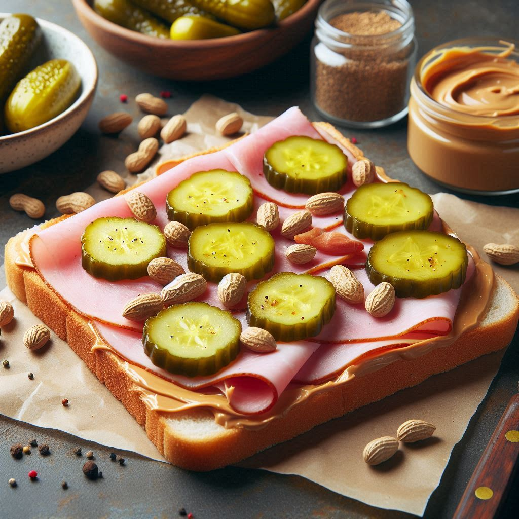 A creative sandwich with layers of pickles, ham, and peanut butter, perfect for a fun conversation about adventurous eating.