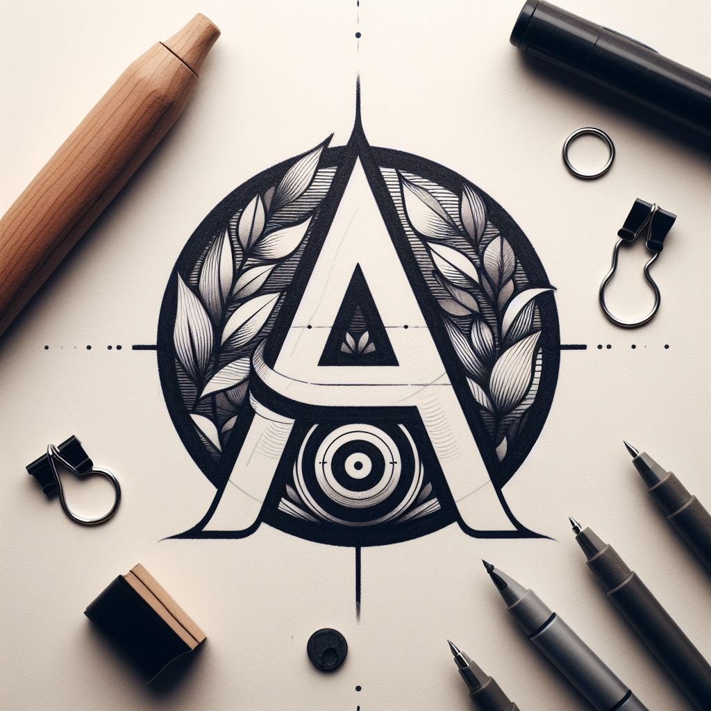 A stylized letter 'A' with a leaf and pen, symbolizing creativity and nature. View the artistic design.