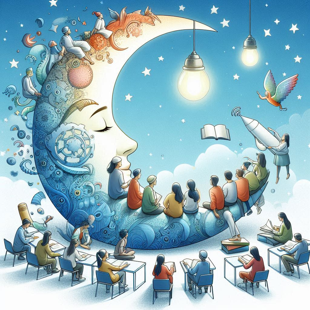 A drawing of people sitting around a moon with a light bulb, creating a whimsical view of imagination and creativity.