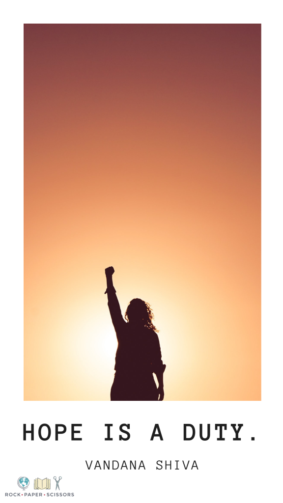 Text graphic featuring the phrase "Hope is a duty" in bold letters against a serene background.